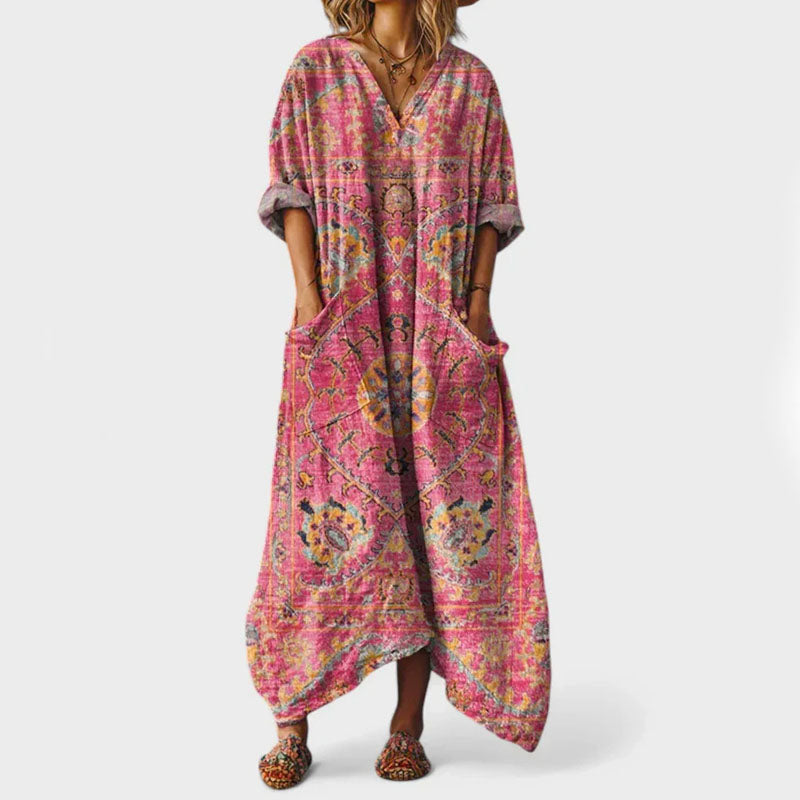 Elsie - Bohemian Print Loose-Fit Button-Front Caftan Dress