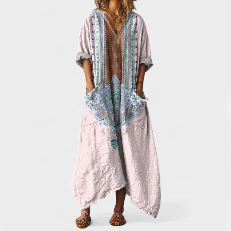 Elsie - Bohemian Print Loose-Fit Button-Front Caftan Dress