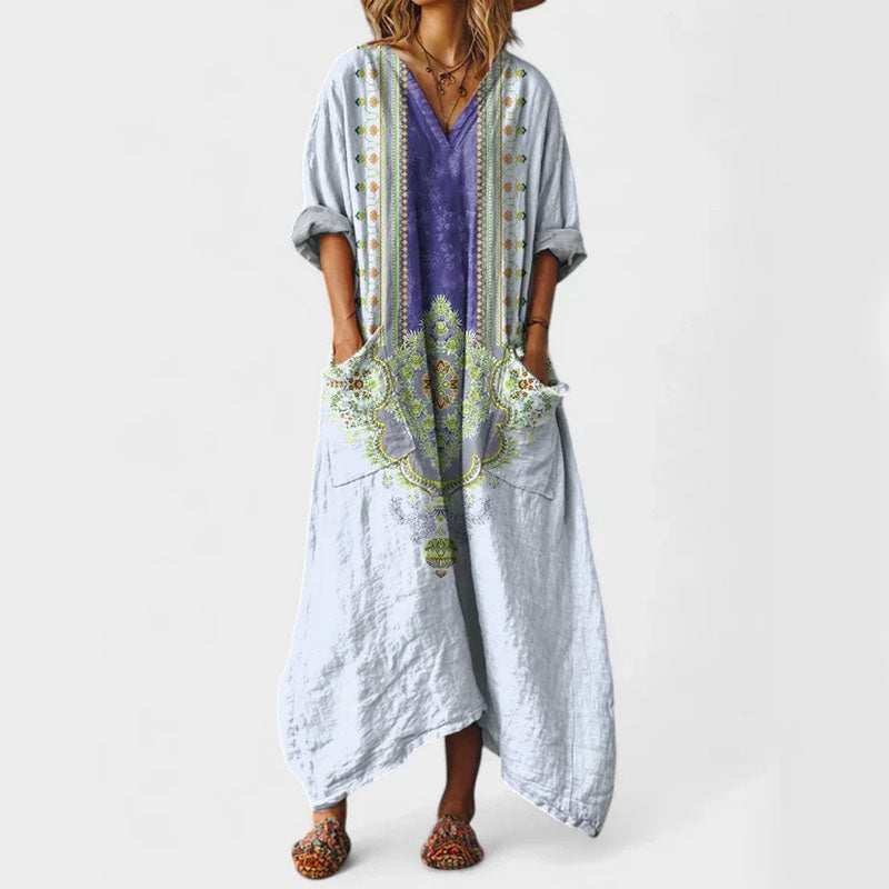 Elsie - Bohemian Print Loose-Fit Button-Front Caftan Dress