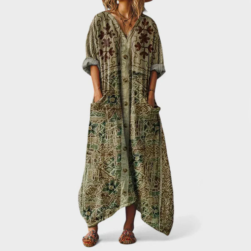 Elsie - Bohemian Print Loose-Fit Button-Front Caftan Dress