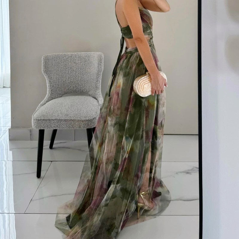 Emily - Women's Floral Printed Cutout Mesh Maxi Dress