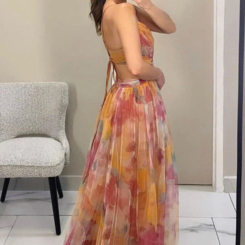 Emily - Women's Floral Printed Cutout Mesh Maxi Dress
