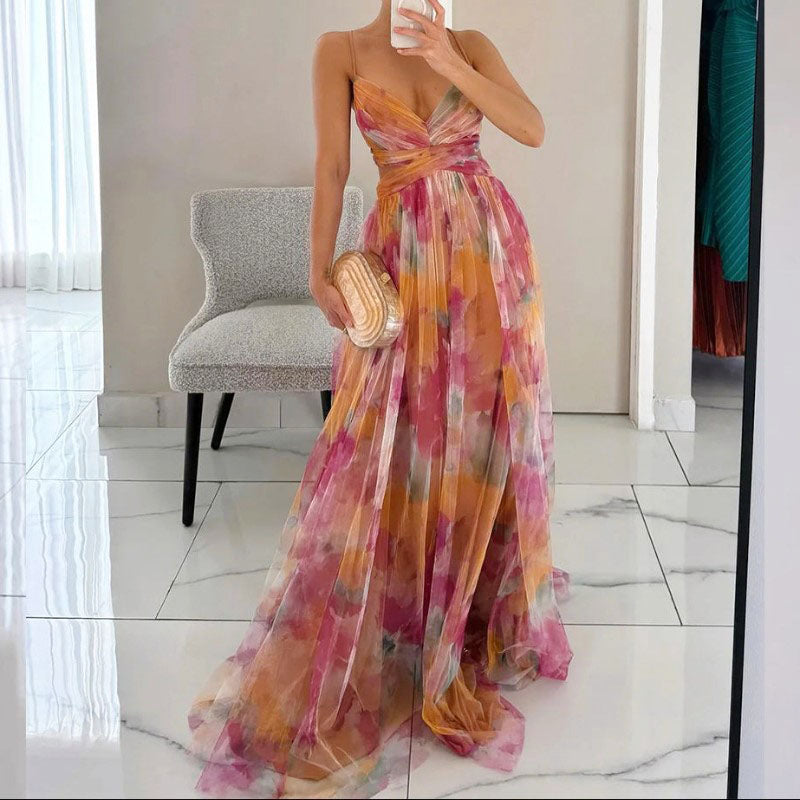 Emily - Women's Floral Printed Cutout Mesh Maxi Dress