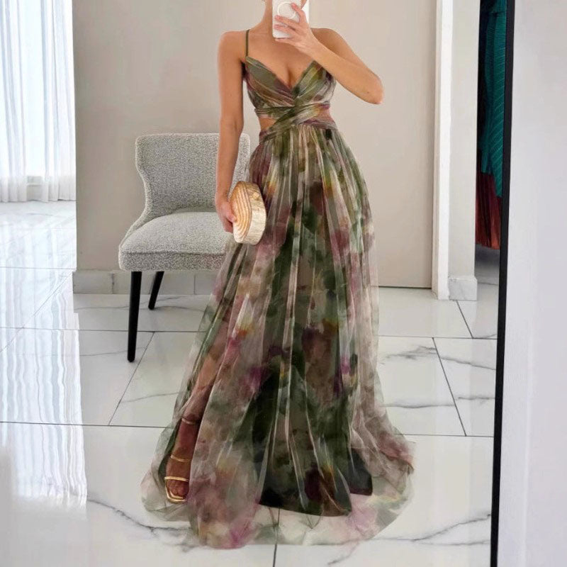 Emily - Women's Floral Printed Cutout Mesh Maxi Dress