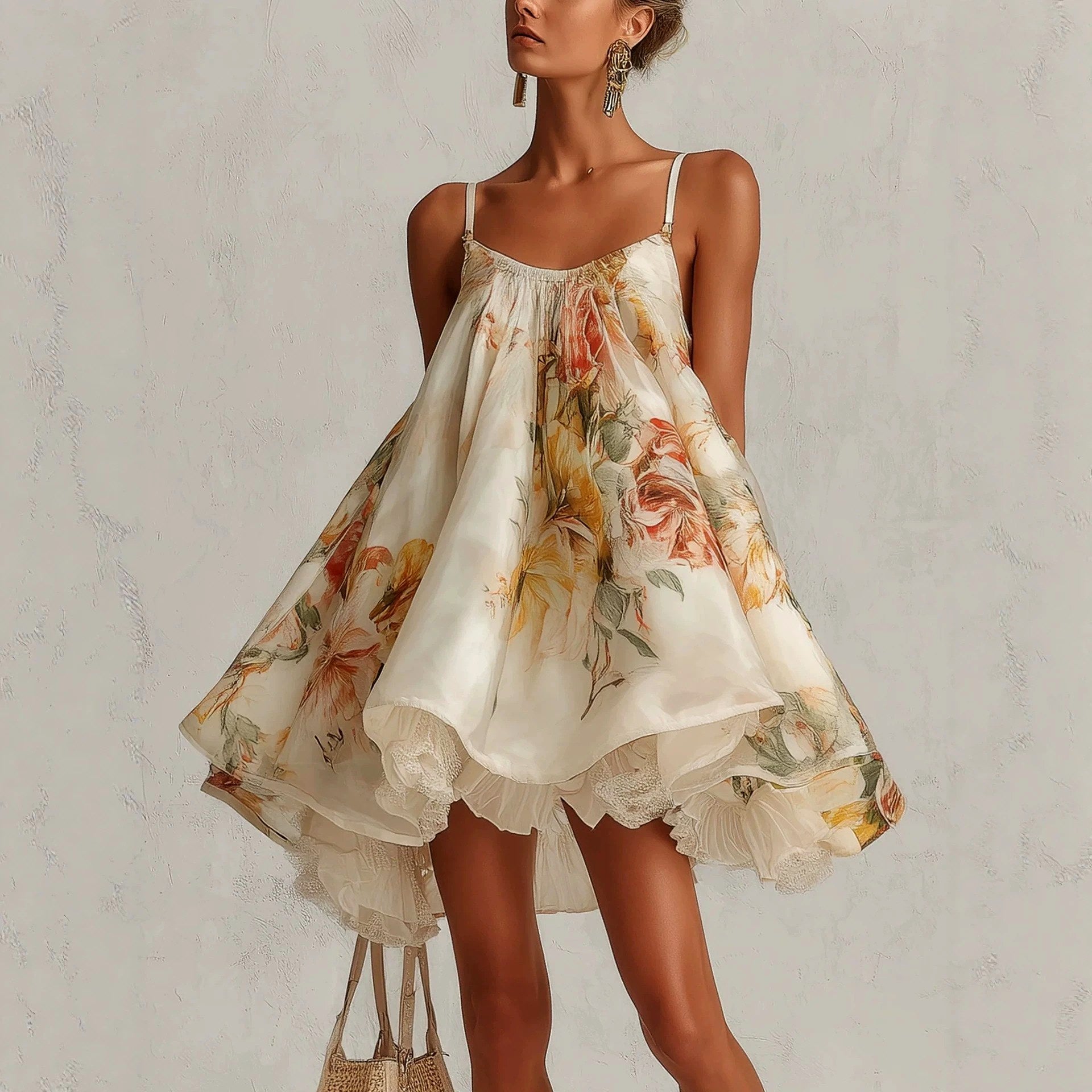 Evangelina - Women's Floral Spaghetti Strap Layered Mini Dress