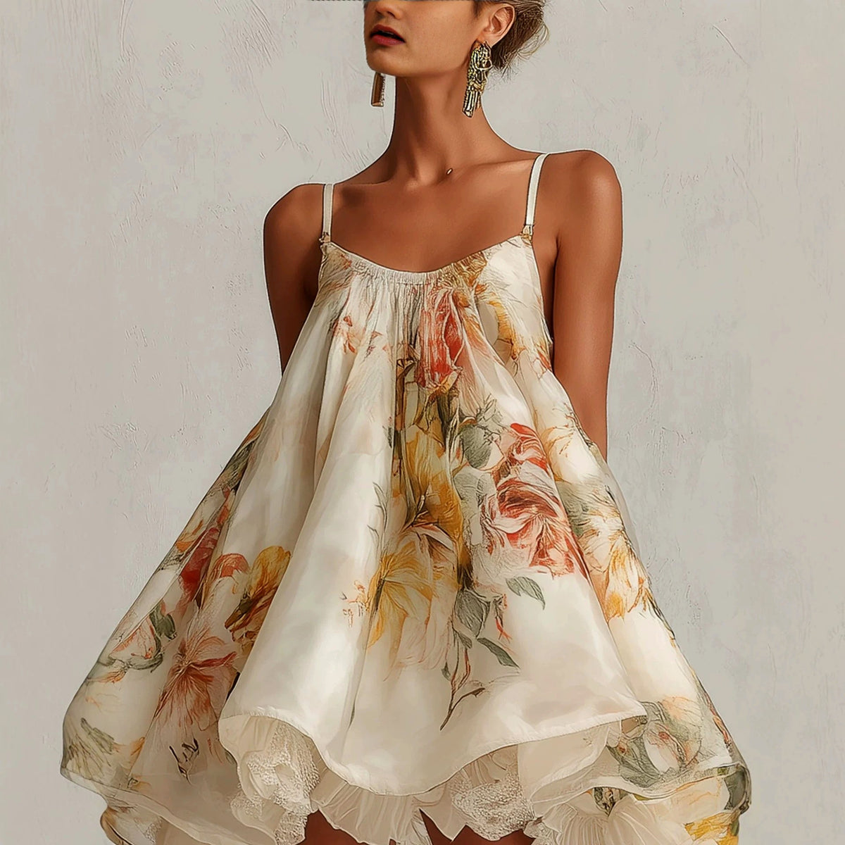 Evangelina - Women's Floral Spaghetti Strap Layered Mini Dress