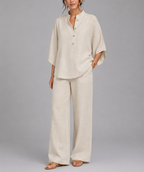 Hazel - Women's Button-Front Linen Tunic and Wide-Leg Trousers Set