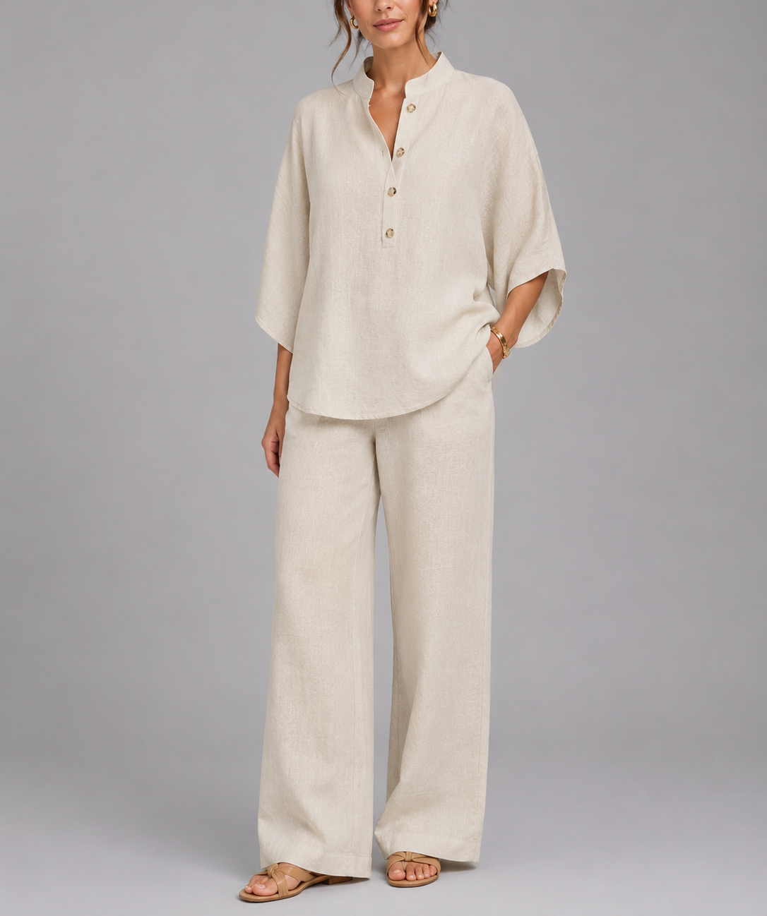 Hazel - Women's Button-Front Linen Tunic and Wide-Leg Trousers Set