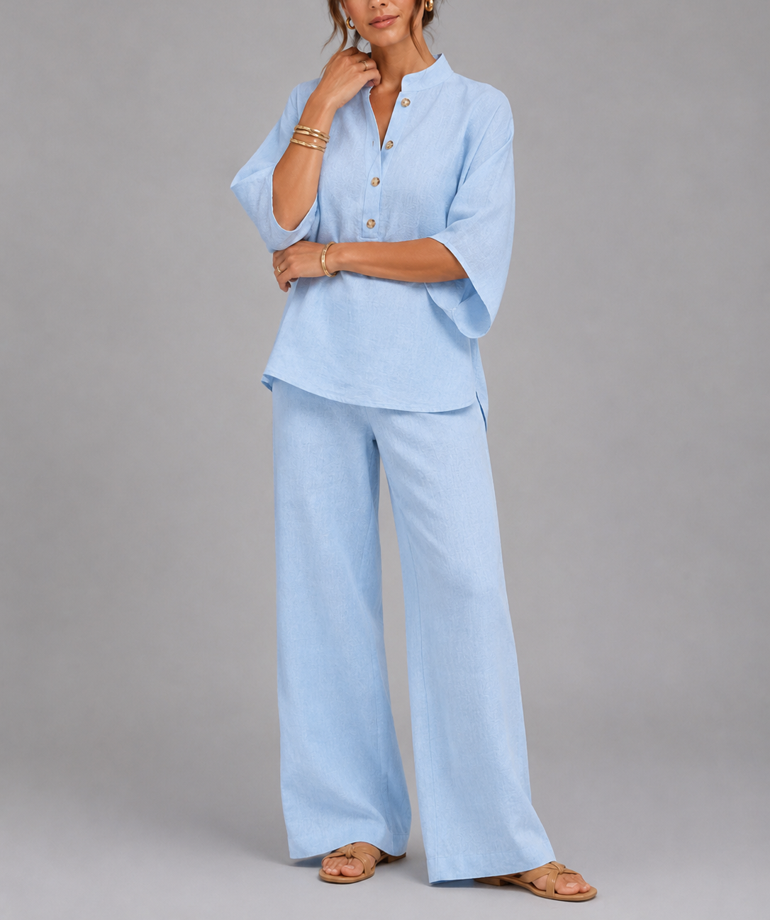 Hazel - Women's Button-Front Linen Tunic and Wide-Leg Trousers Set