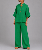 Hazel - Women's Button-Front Linen Tunic and Wide-Leg Trousers Set