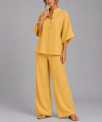 Hazel - Women's Button-Front Linen Tunic and Wide-Leg Trousers Set