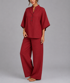 Hazel - Women's Button-Front Linen Tunic and Wide-Leg Trousers Set