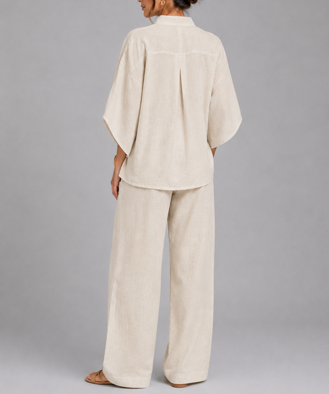 Hazel - Women's Button-Front Linen Tunic and Wide-Leg Trousers Set