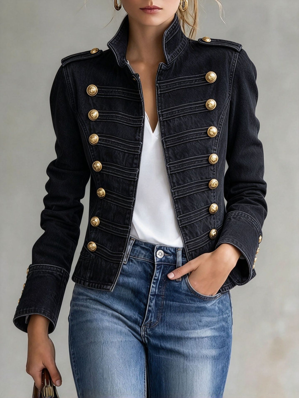 Ivana - Women's Military Style Gold Button Jacket