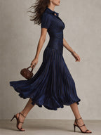 Ivana - Women's Striped Satin Puff Sleeve Midi Dress