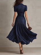 Ivana - Women's Striped Satin Puff Sleeve Midi Dress