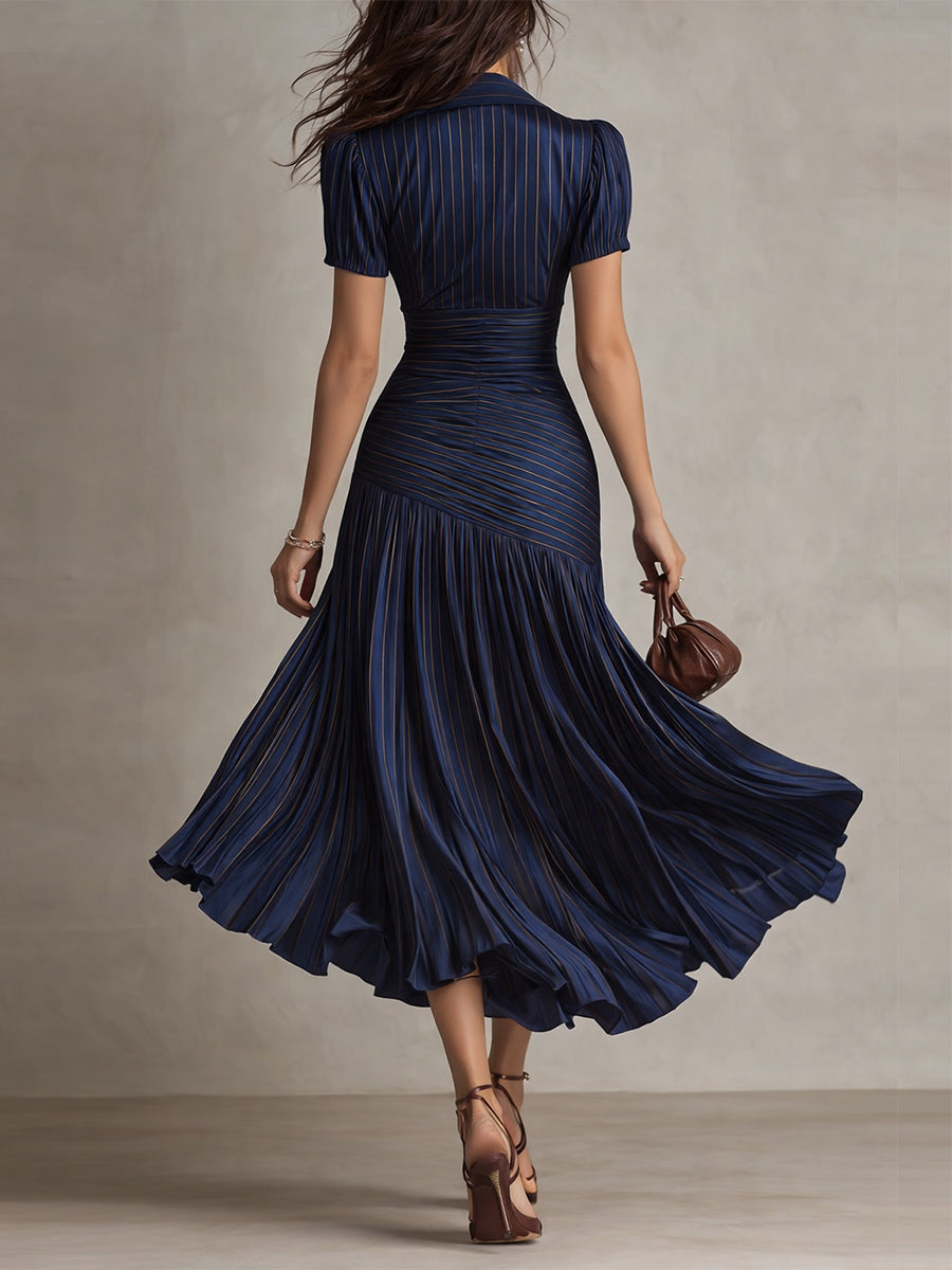 Ivana - Women's Striped Satin Puff Sleeve Midi Dress
