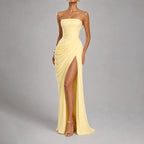 Jasmine - Women's Strapless High-Slit Draped Silk Maxi Dress