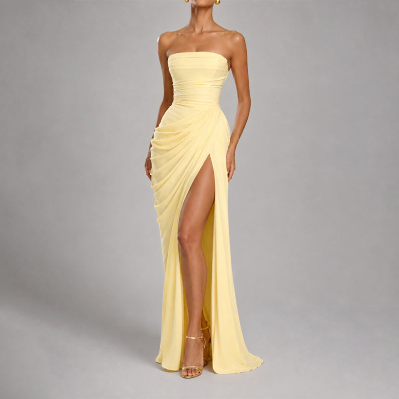 Jasmine - Women's Strapless High-Slit Draped Silk Maxi Dress