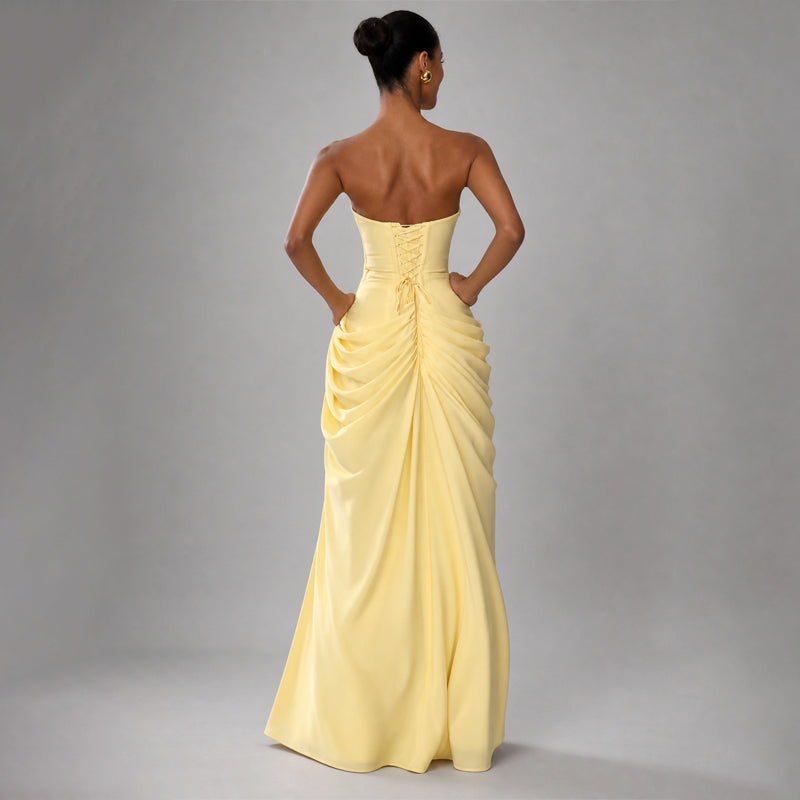 Jasmine - Women's Strapless High-Slit Draped Silk Maxi Dress