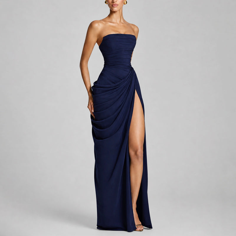 Jasmine - Women's Strapless High-Slit Draped Silk Maxi Dress
