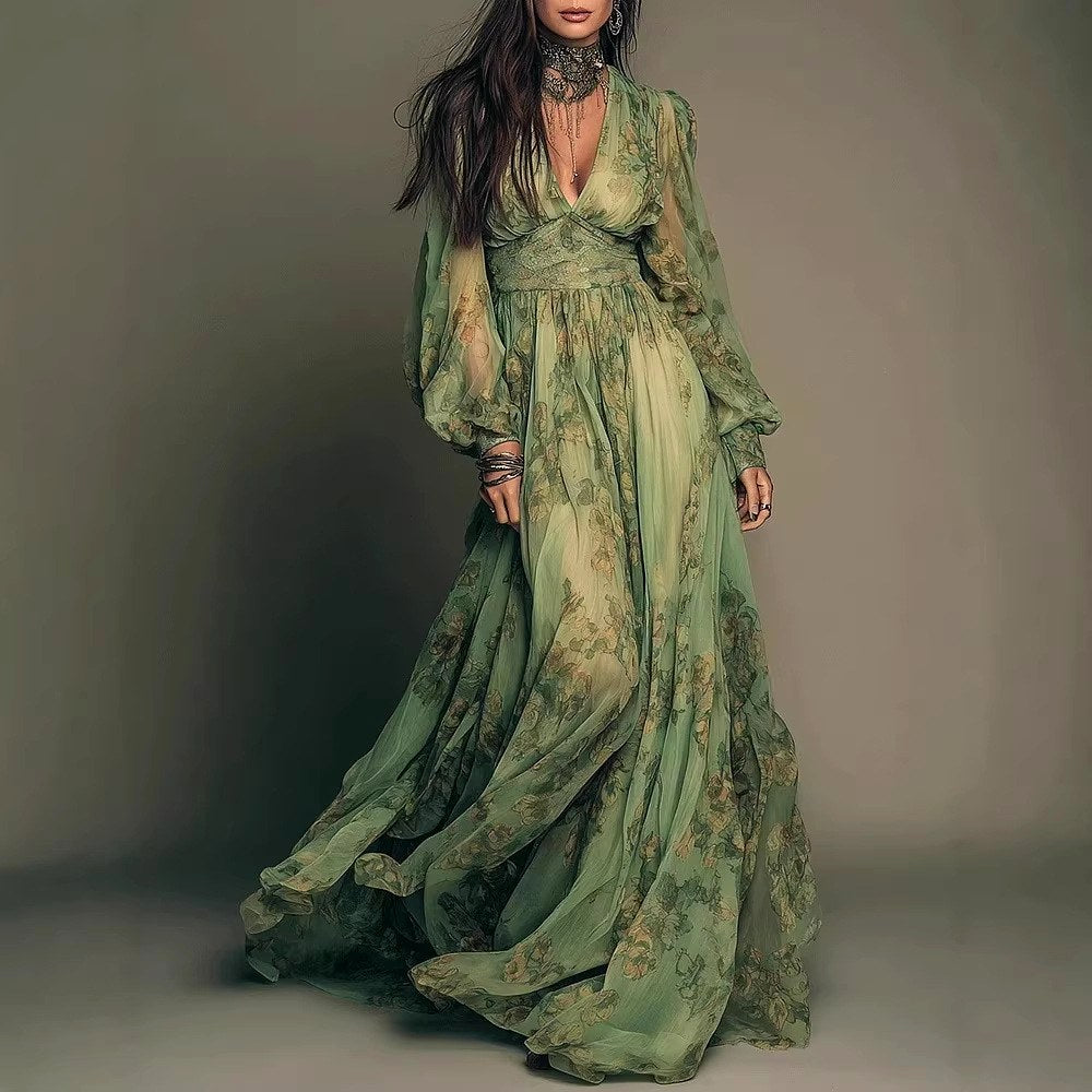 Liza - Women's Floral Balloon Sleeve Chiffon Maxi Dress
