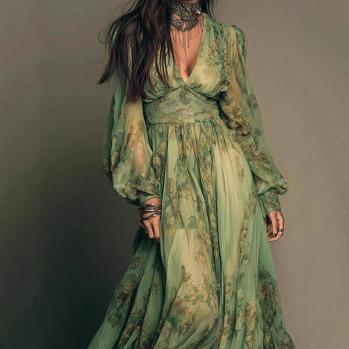 Liza - Women's Floral Balloon Sleeve Chiffon Maxi Dress
