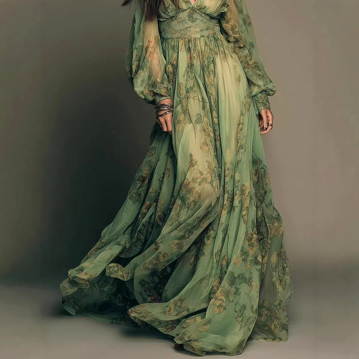 Liza - Women's Floral Balloon Sleeve Chiffon Maxi Dress