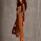 Lucinda - Women's Floral Sheer Sleeve Bodycon Midi Dress