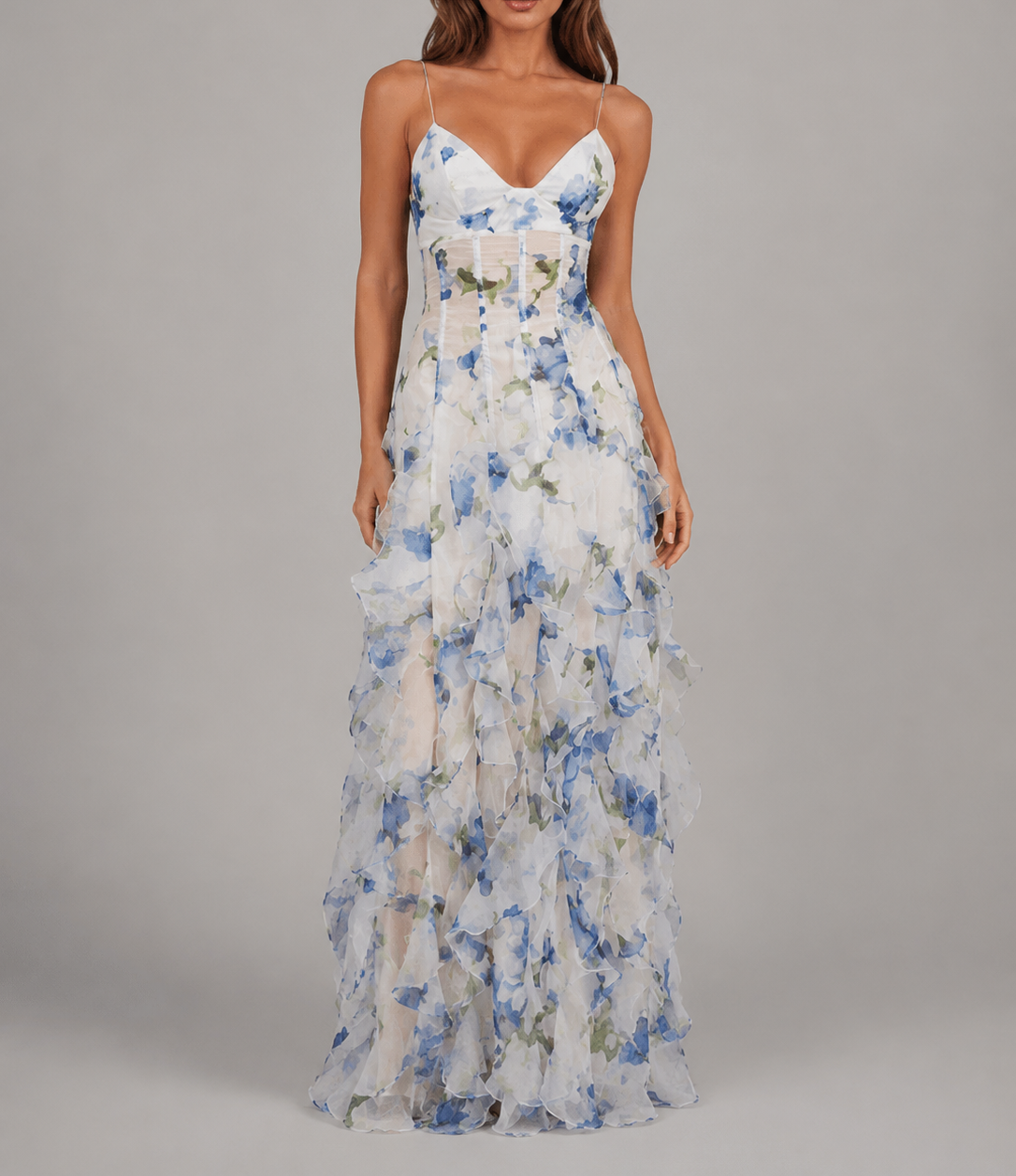 Marcela - Women's Floral Ruffle Maxi Dress with Corset Bodice