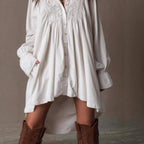 Marlowe - Women's Lace Panel Button-Down Shirt Dress