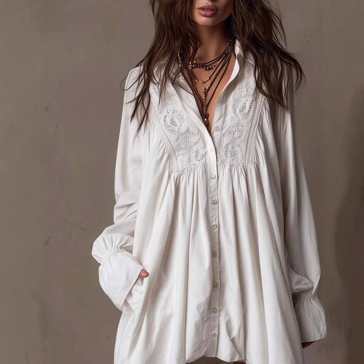 Marlowe - Women's Lace Panel Button-Down Shirt Dress