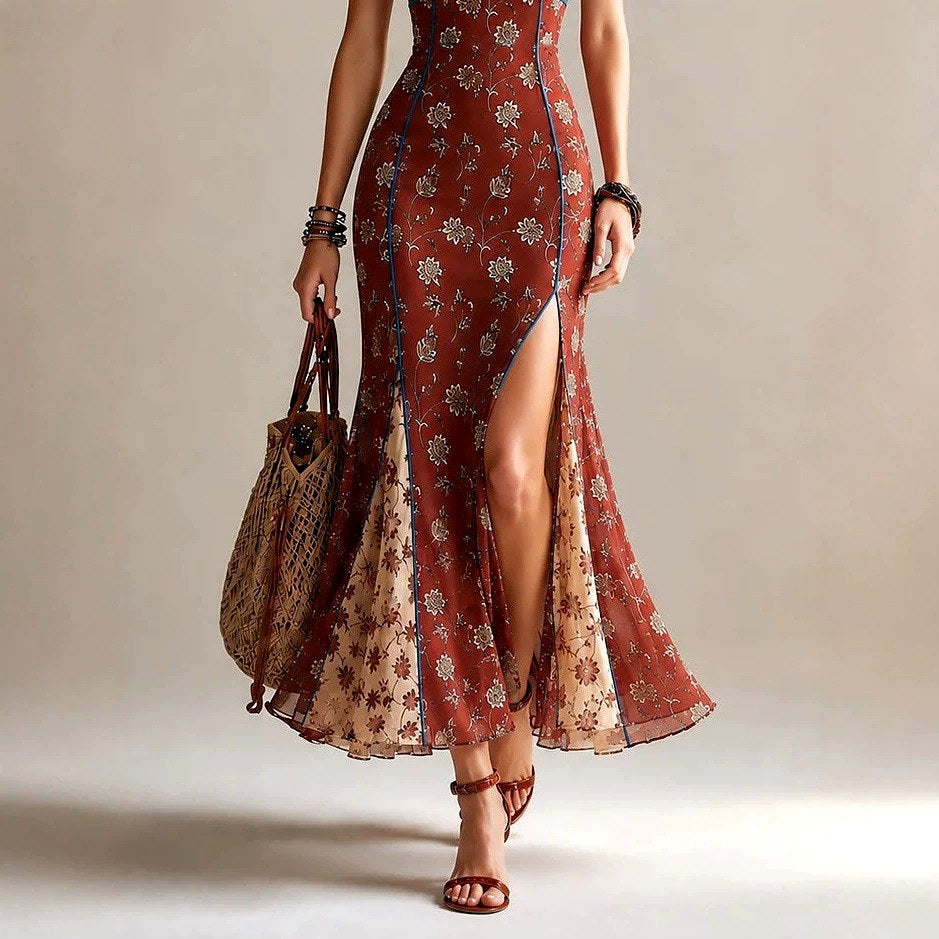 Megan - Women's Floral V-Neck High Slit Cami Maxi Dress