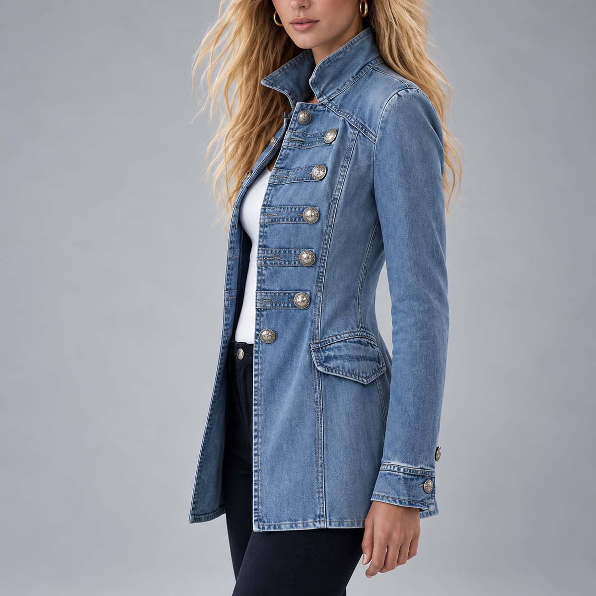 Mia - Women's Military Style Long Denim Jacket