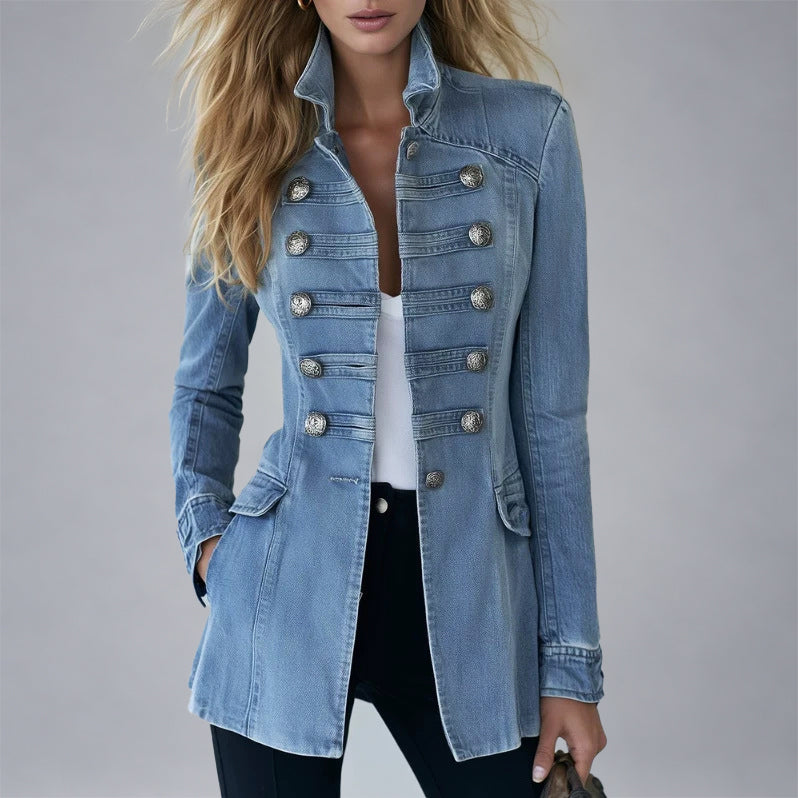Mia - Women's Military Style Long Denim Jacket