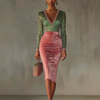 Nora - Women's Animal Print Long Sleeve Fitted Midi Dress