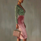 Nora - Women's Animal Print Long Sleeve Fitted Midi Dress