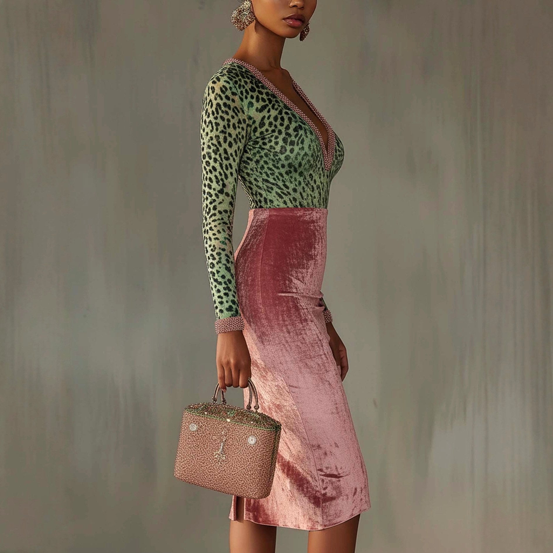 Nora - Women's Animal Print Long Sleeve Fitted Midi Dress