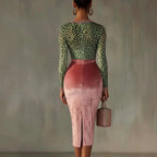 Nora - Women's Animal Print Long Sleeve Fitted Midi Dress