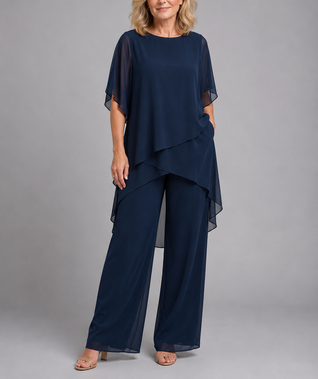 Rosemary - Women's Asymmetrical Layered Chiffon Top with Wide-Leg Trousers