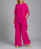 Rosemary - Women's Asymmetrical Layered Chiffon Top with Wide-Leg Trousers