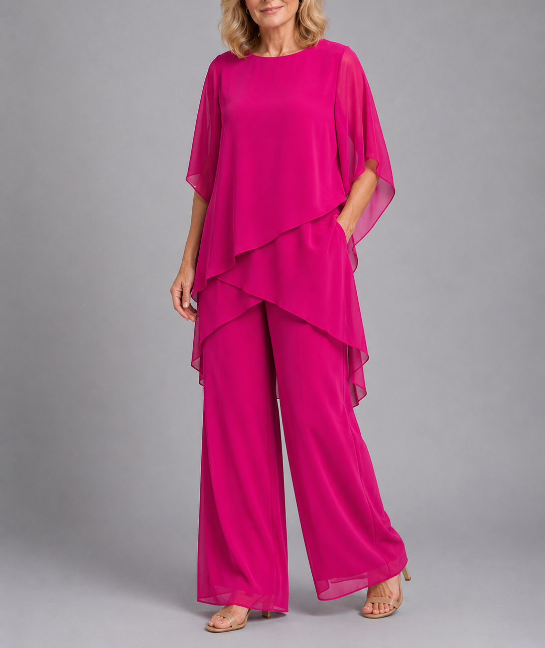 Rosemary - Women's Asymmetrical Layered Chiffon Top with Wide-Leg Trousers