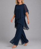 Rosemary - Women's Asymmetrical Layered Chiffon Top with Wide-Leg Trousers