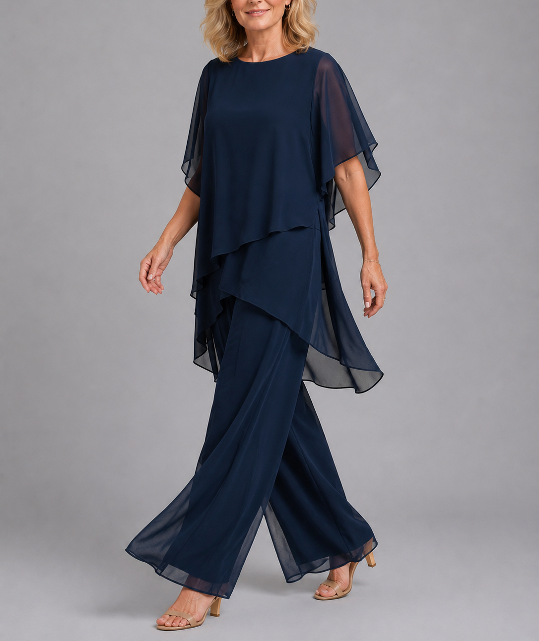 Rosemary - Women's Asymmetrical Layered Chiffon Top with Wide-Leg Trousers