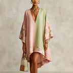 Simone - Women's Floral Trim V-Neck High-Low Kaftan Dress