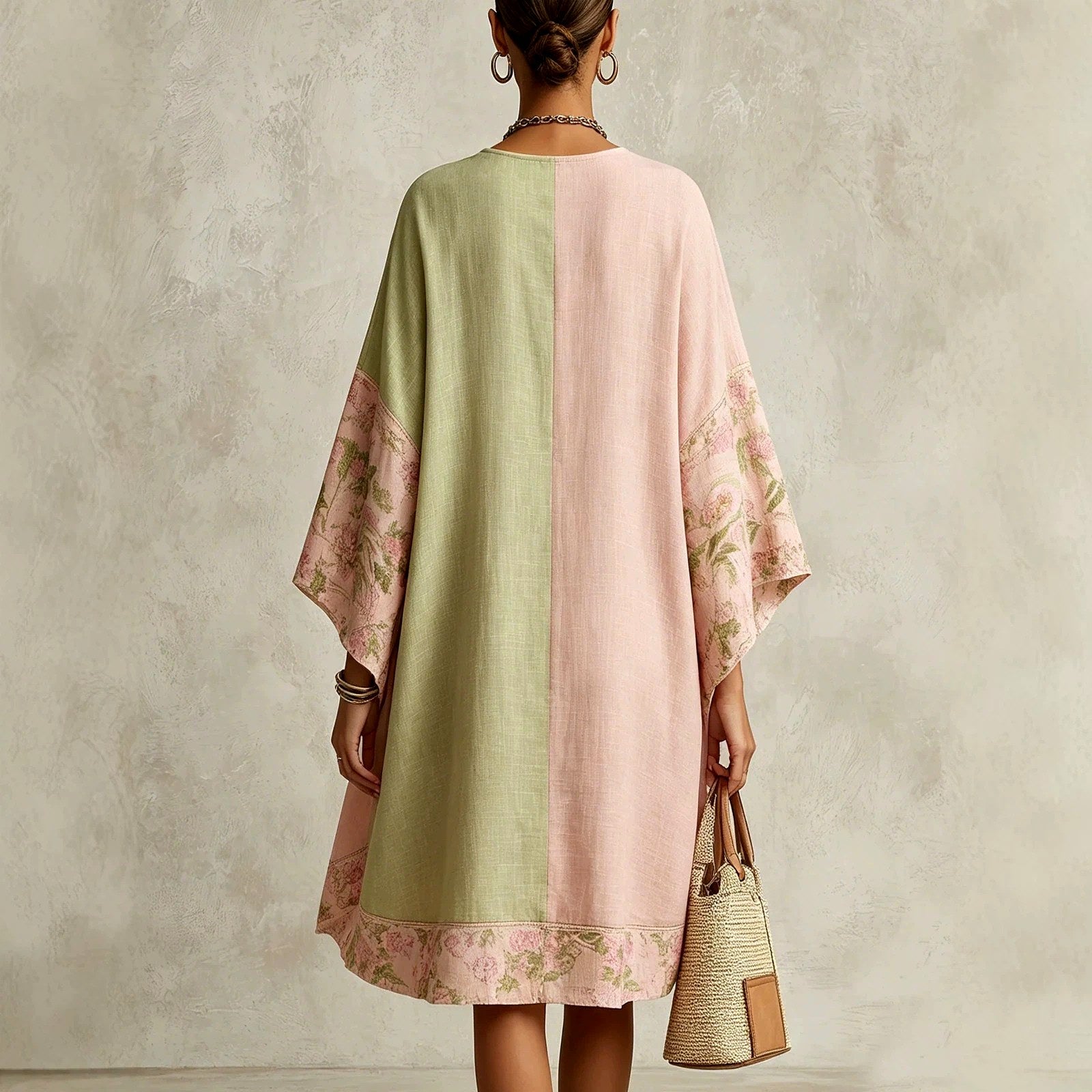 Simone - Women's Floral Trim V-Neck High-Low Kaftan Dress