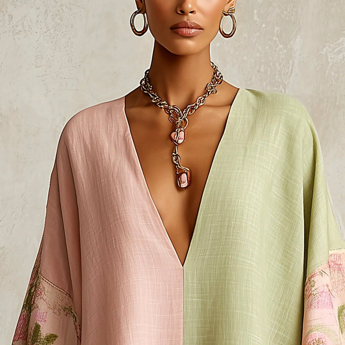 Simone - Women's Floral Trim V-Neck High-Low Kaftan Dress