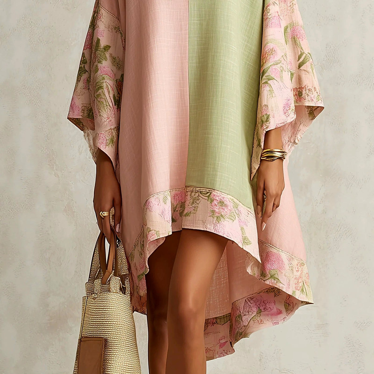 Simone - Women's Floral Trim V-Neck High-Low Kaftan Dress