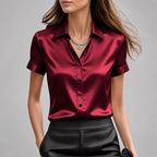 Valerie - Women's Short Sleeve Satin Button-Down Shirt