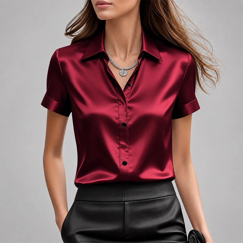 Valerie - Women's Short Sleeve Satin Button-Down Shirt